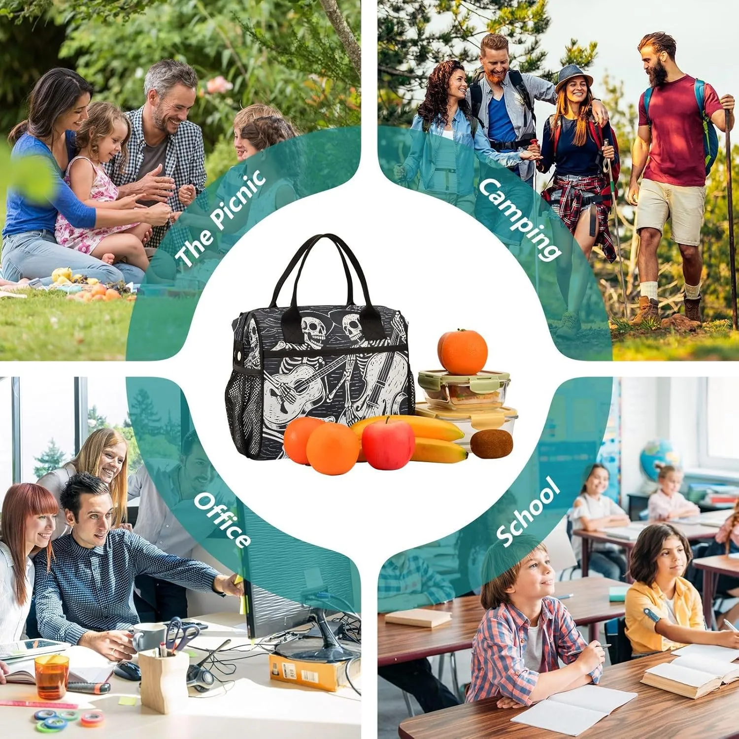 Black Woodcut Skeletons Funny Skull Lunch Bag Women Cooler Bags Lunch Tote Bags for Men Reusable Insulated Lunch Box Crossbody with Shoulder Strap Leakproof Work Picnic S