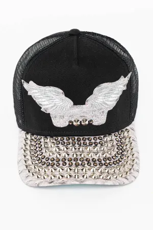 BLK/GREY OSTRICH TRUCKER HAT WITH MASSIVE EMBELLISHMENT