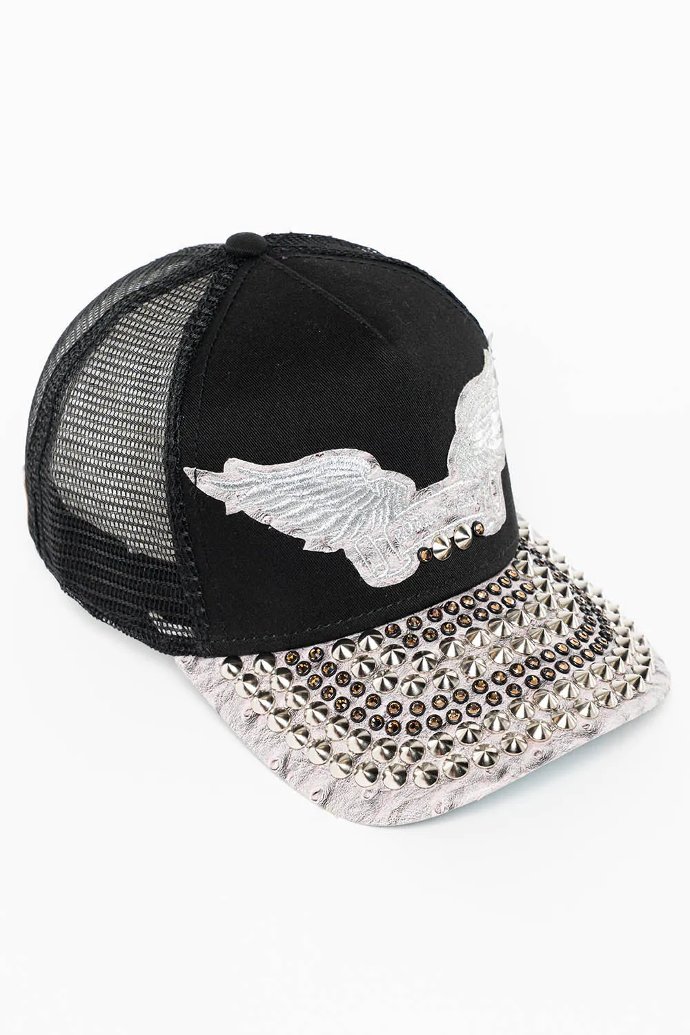 BLK/GREY OSTRICH TRUCKER HAT WITH MASSIVE EMBELLISHMENT