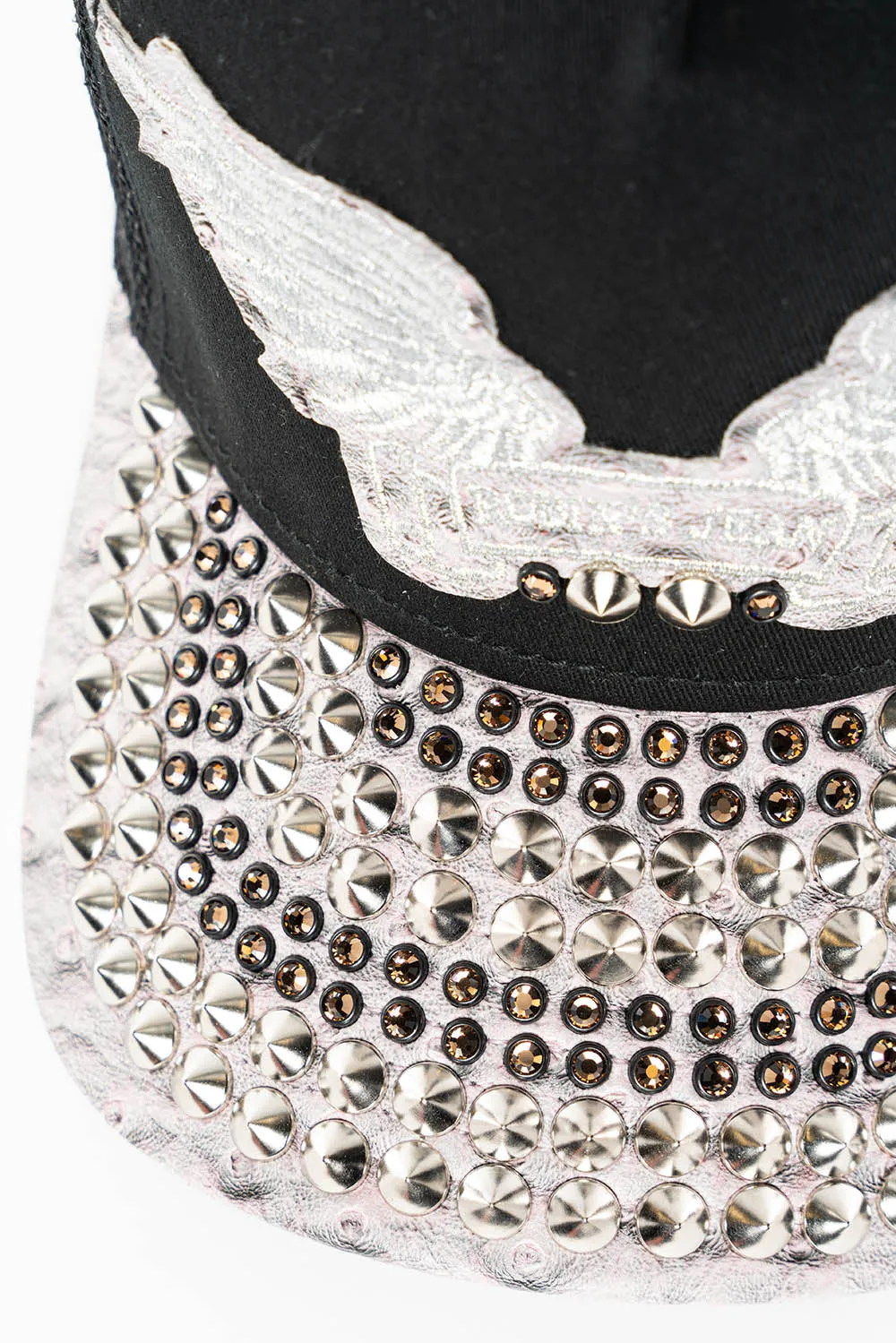 BLK/GREY OSTRICH TRUCKER HAT WITH MASSIVE EMBELLISHMENT