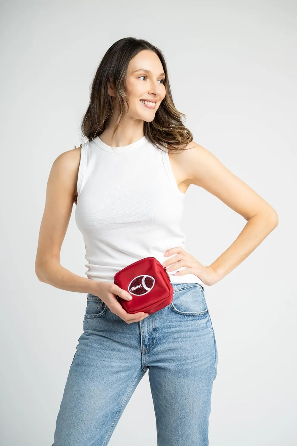 BLOC Bags Mini Crossbody Bags for Women Purse, Crimson Handbag Stadium Bag with Chenille Characters, Internal Zipper Pocket