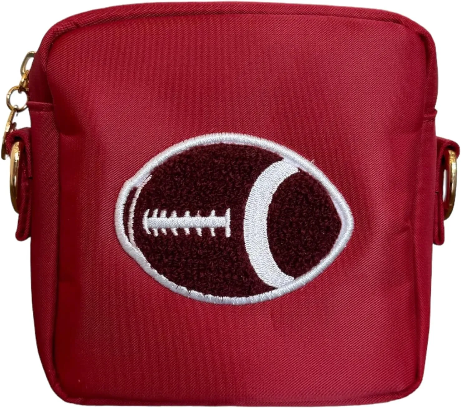 BLOC Bags Mini Crossbody Bags for Women Purse, Crimson Handbag Stadium Bag with Chenille Characters, Internal Zipper Pocket