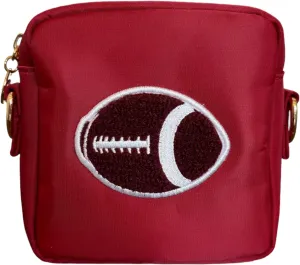 BLOC Bags Mini Crossbody Bags for Women Purse, Crimson Handbag Stadium Bag with Chenille Characters, Internal Zipper Pocket