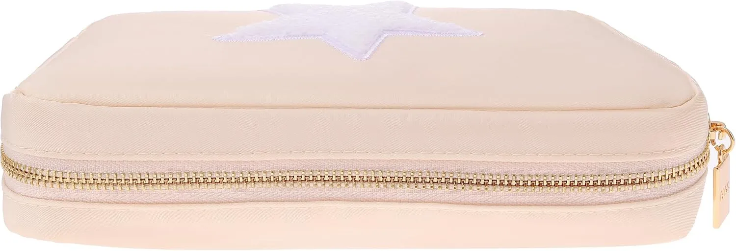 BLOC Bags Travel Makeup Bag, Cosmetic Bags for Women, Medium Cute Toiletry Bag, Make up Bag, Beauty Bag with Chenille Patch and Top Zipper, Inside Zipper Pouch and Mesh Pockets (White Star, Cream)