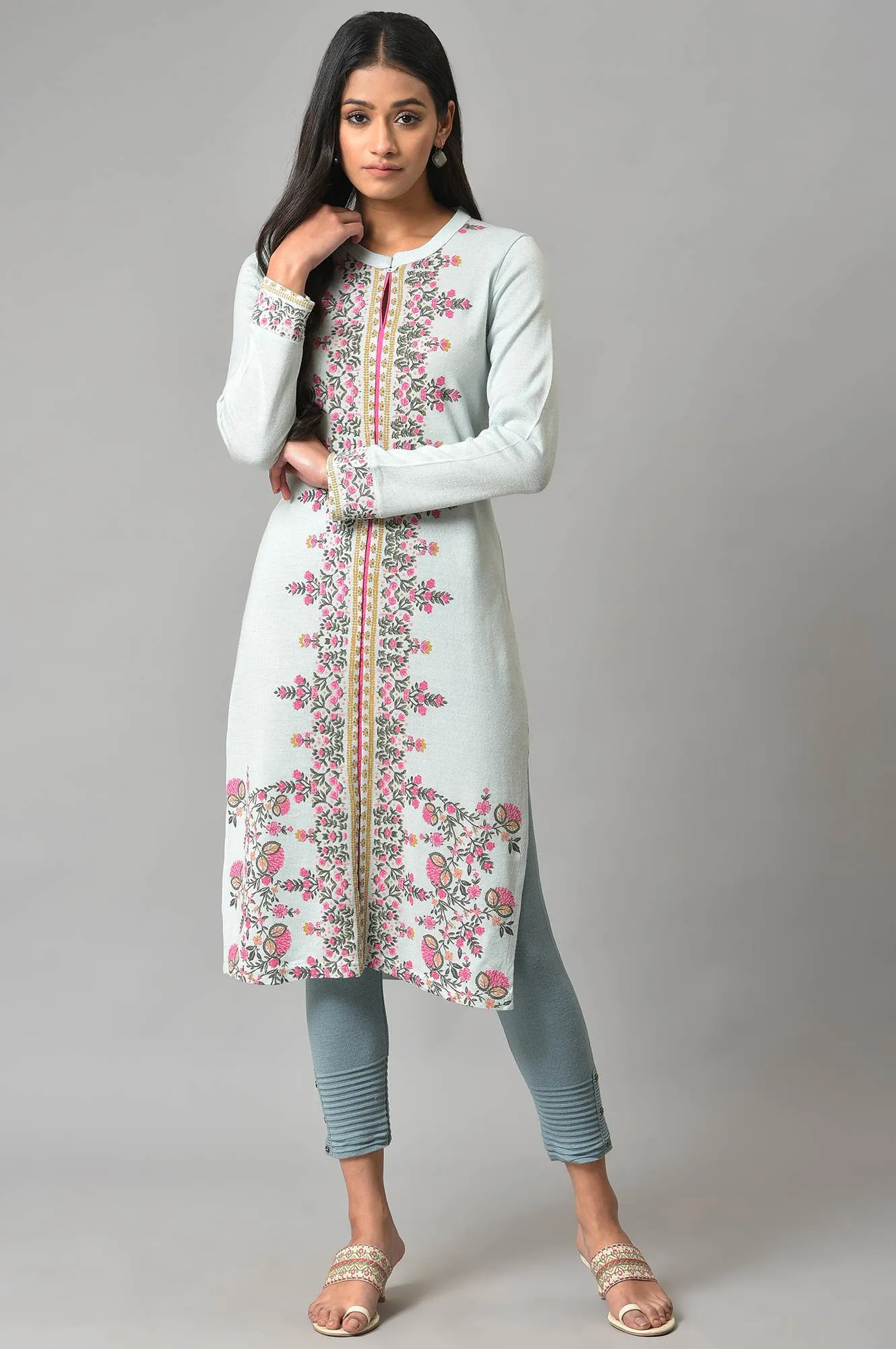 Blue Acrylic Printed Winter kurta