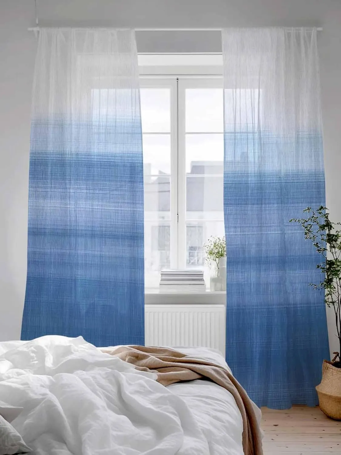 Blue and White Sheer Curtains 84 Inches Long 2 Panels Set Abstract Gradient Art Rustic Light Filtering Curtains & Drapes Rod Pocket Voile Panel Curtain for Bedroom Living Room 52" W x 84" L