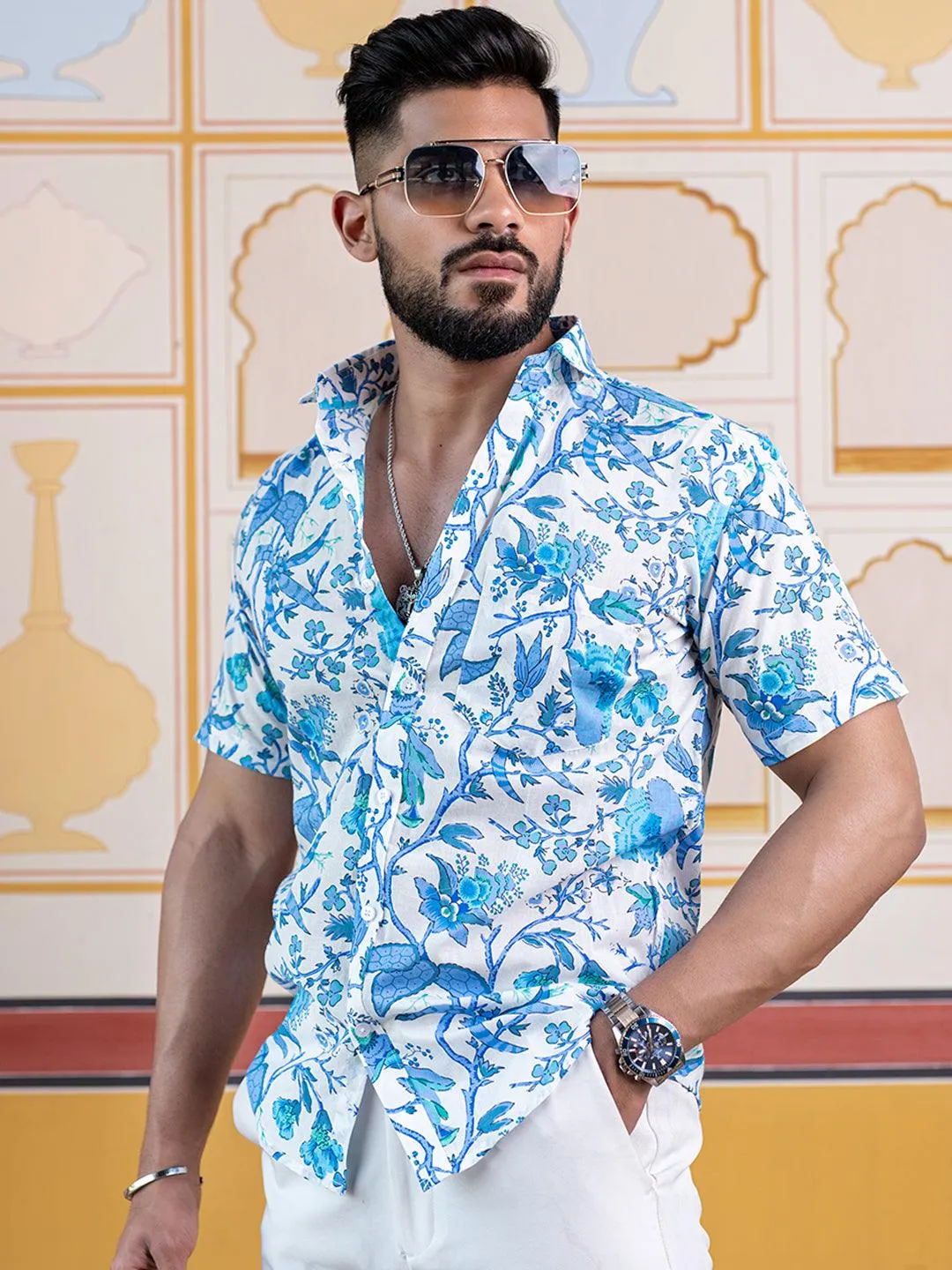 Blue Chintz Printed Half Sleeves Cotton Shirt