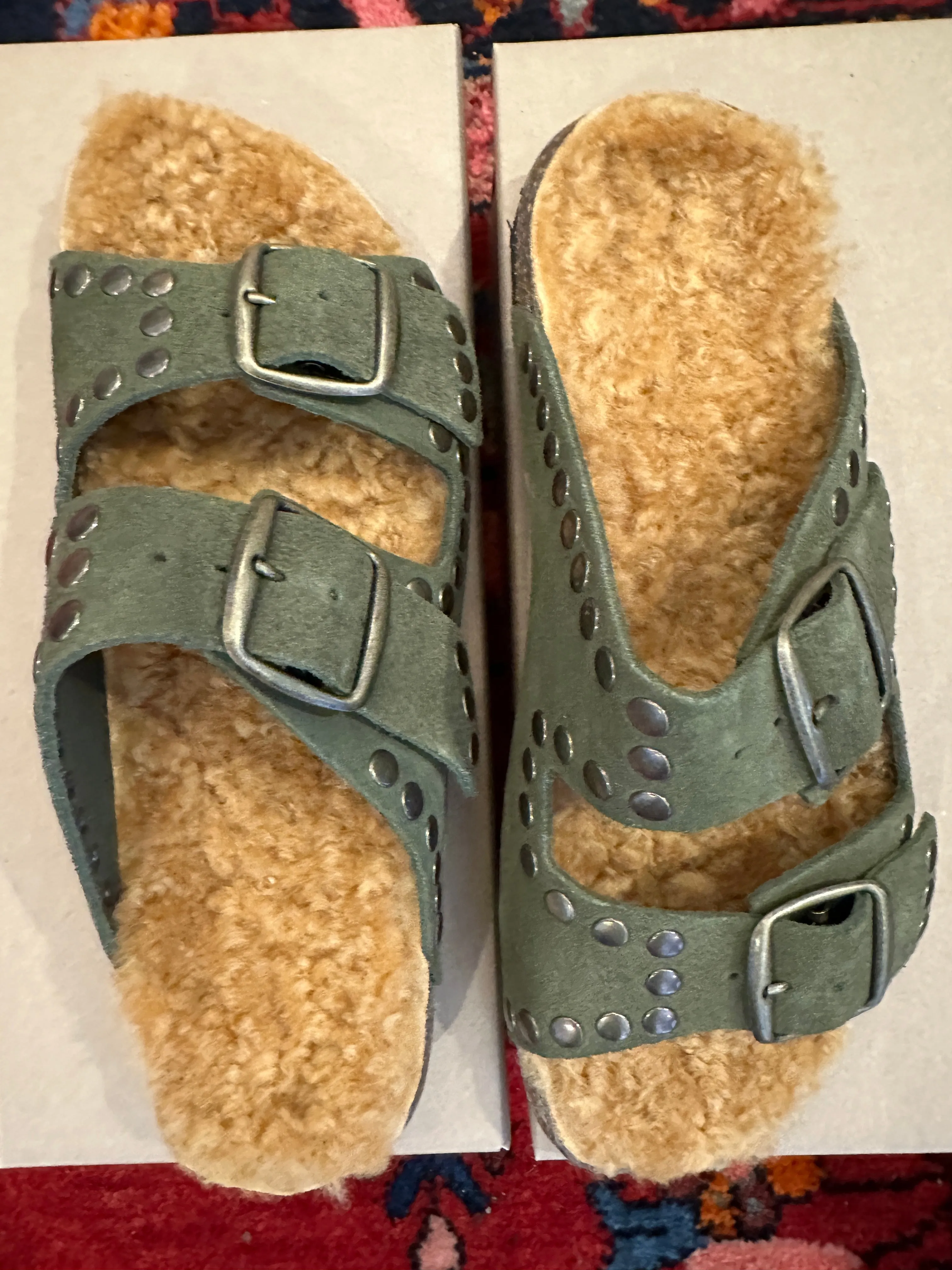 BOSABO - 430 Rivet Suede   Mouton Boucle CAMEL SLIDES- Khaki