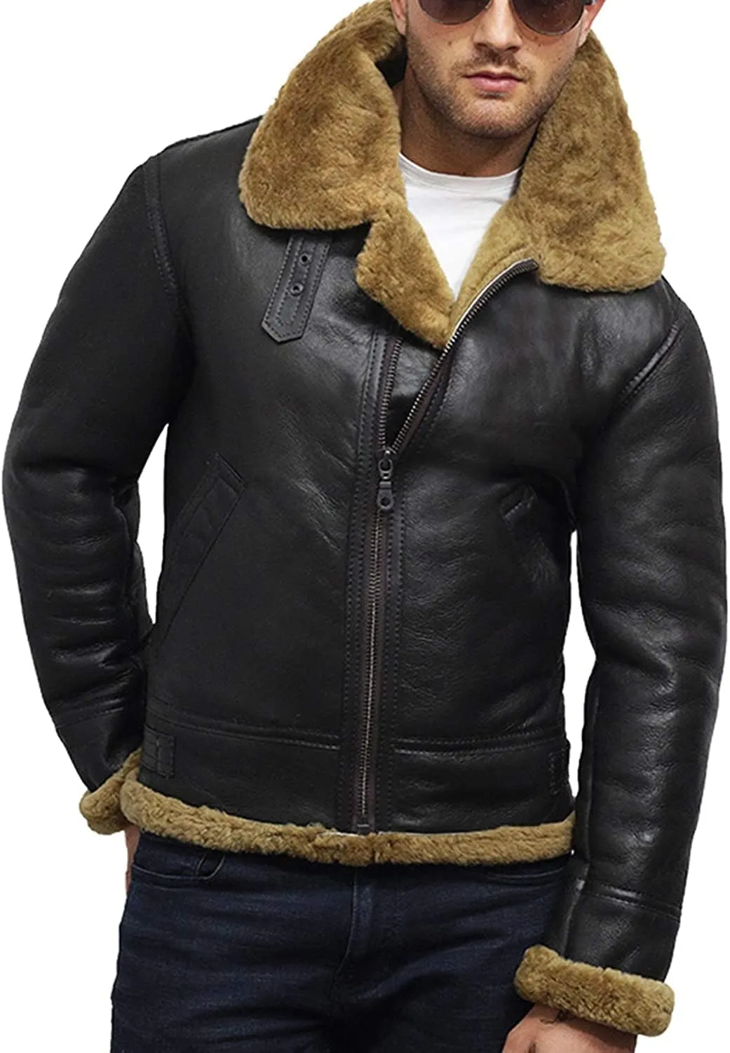 BRANDSLOCK Mens Flying B3 Genuine Shearling Sheepskin Leather Bomber Jacket
