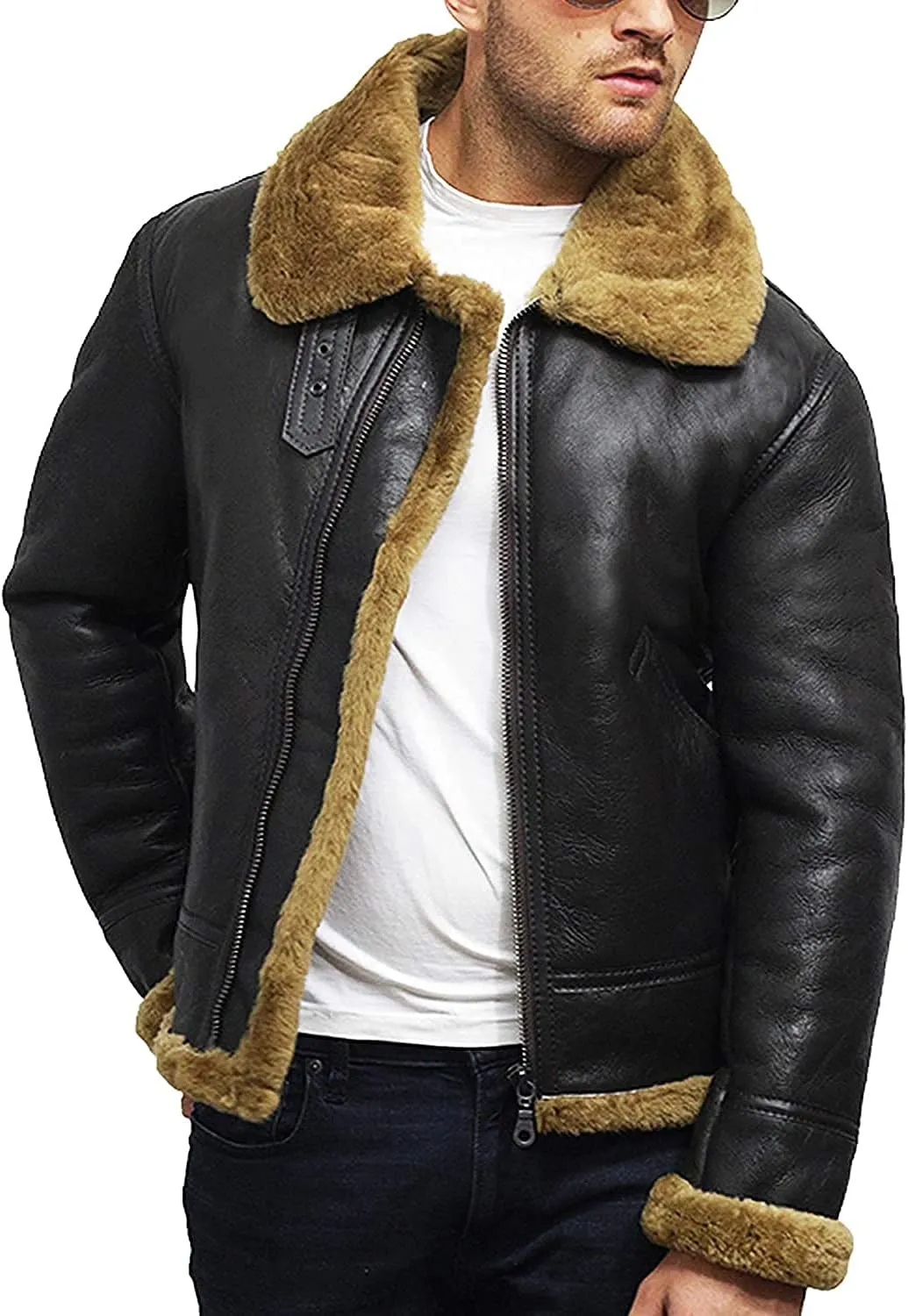 BRANDSLOCK Mens Flying B3 Genuine Shearling Sheepskin Leather Bomber Jacket