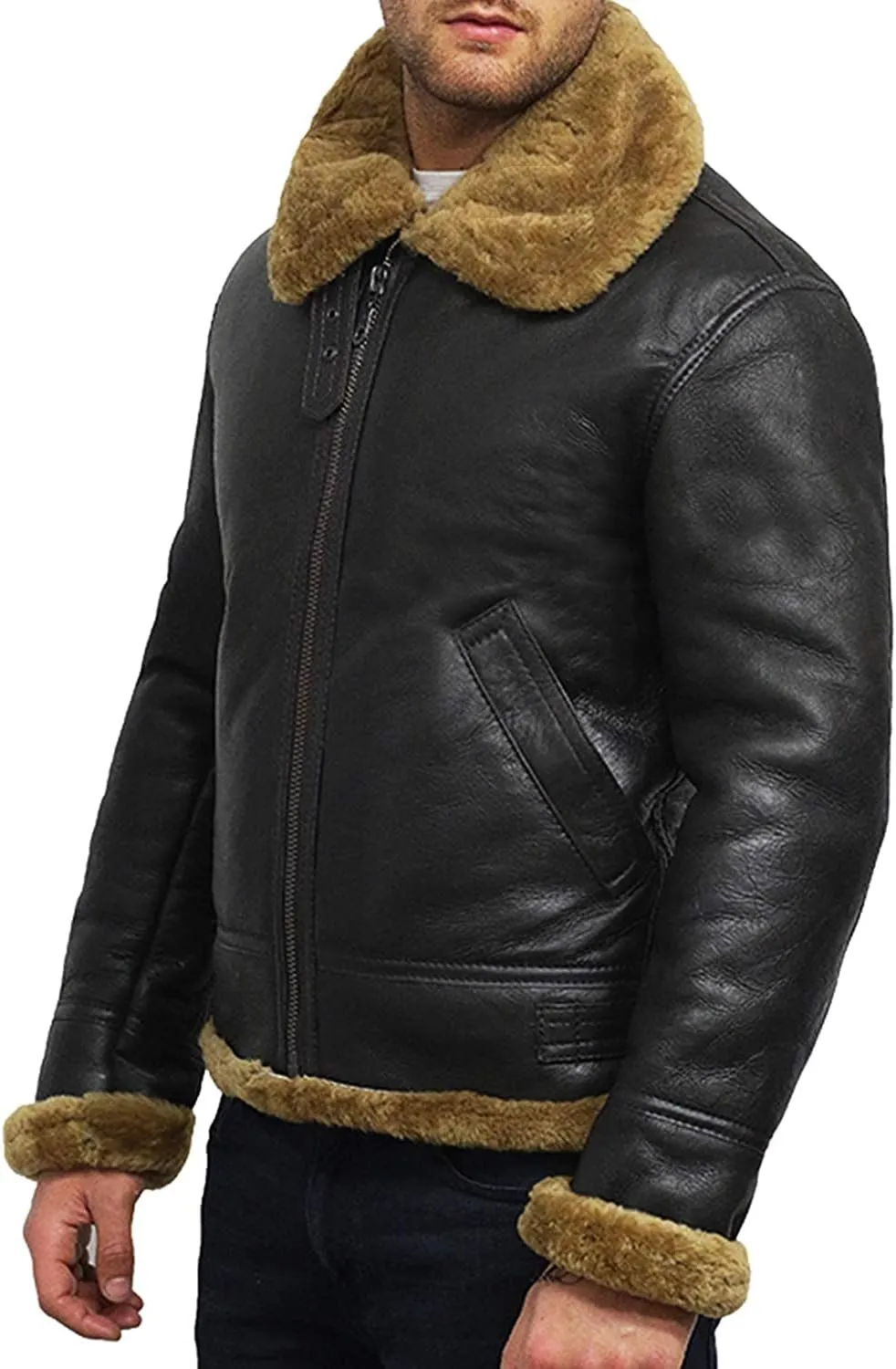 BRANDSLOCK Mens Flying B3 Genuine Shearling Sheepskin Leather Bomber Jacket