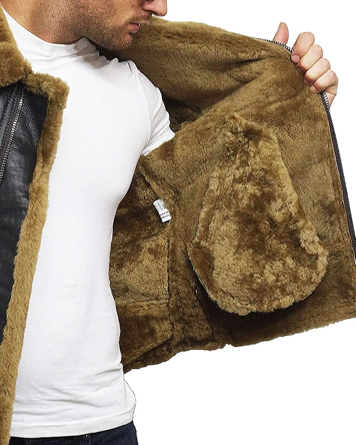 BRANDSLOCK Mens Flying B3 Genuine Shearling Sheepskin Leather Bomber Jacket