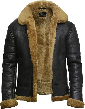 BRANDSLOCK Mens Flying B3 Genuine Shearling Sheepskin Leather Bomber Jacket