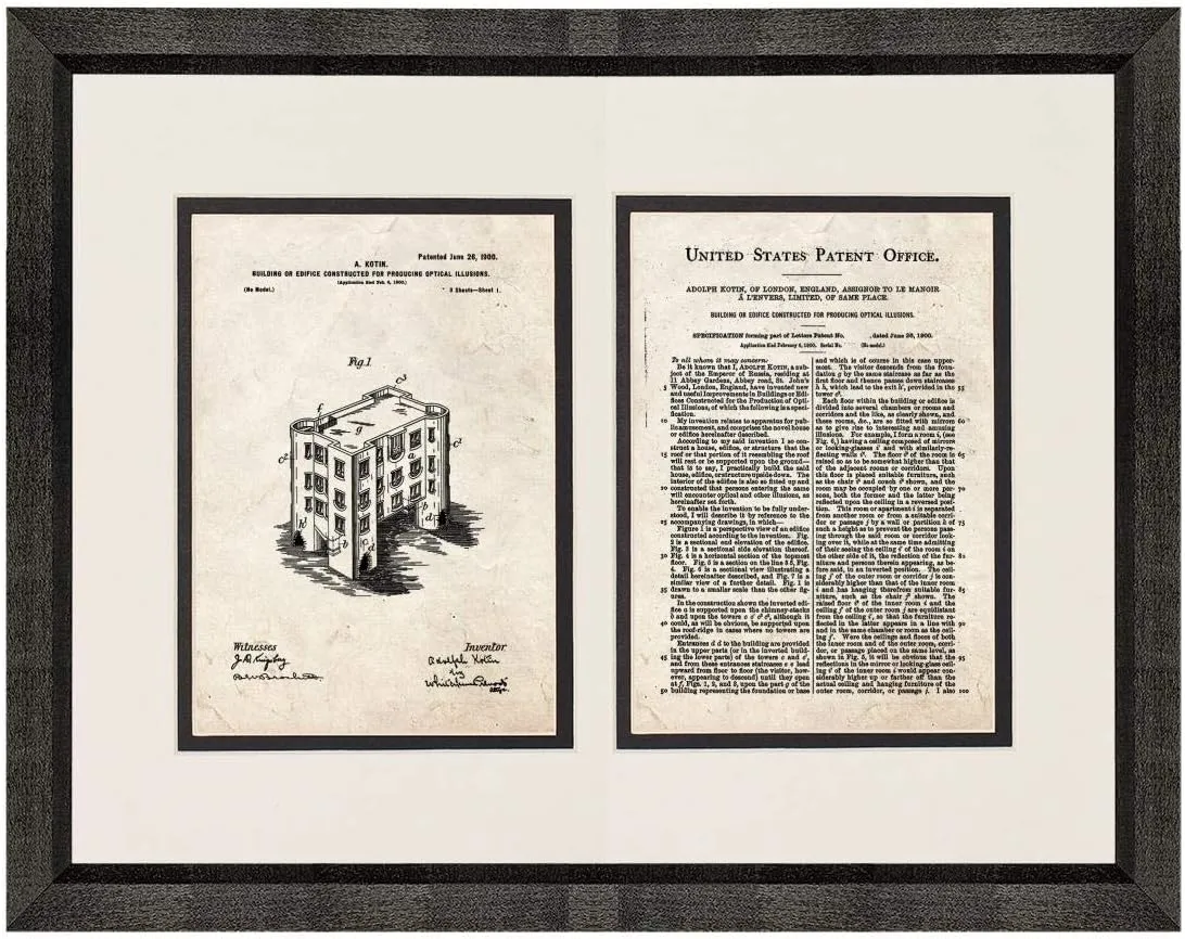 Building or Edifice Constructed for Producing Optical Illusions Patent Art Old Look Print in a Beveled Black Wood Frame with a Double Mat (18" x 24") M14823