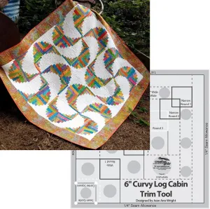 Bundle of Creative Grids Curvy Log Cabin Trim Tool 6in Finished Blocks and Cut Loose Press Rainbow Swirls Curvy Log Cabin Quilt Pattern