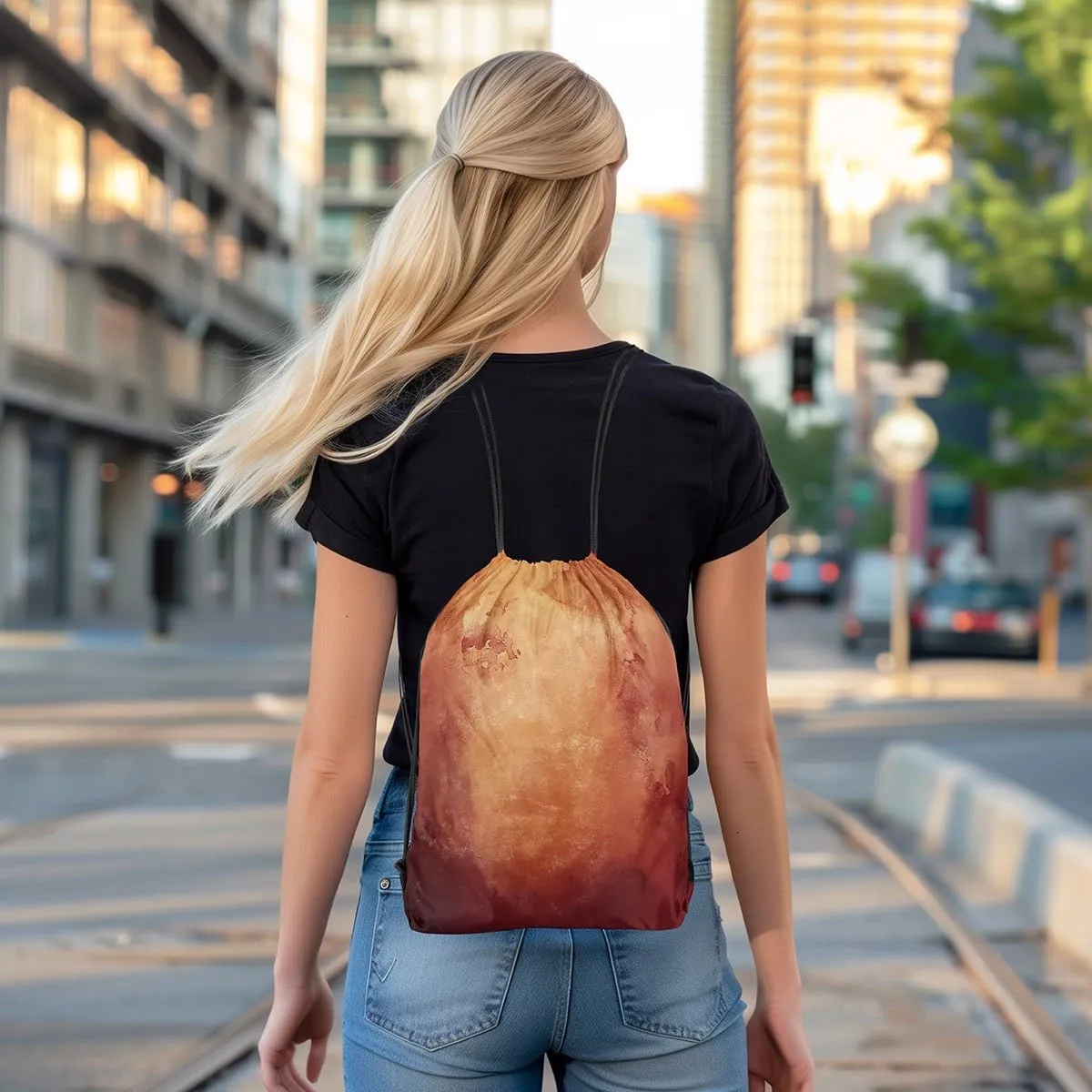 Burgundy And Gold Abstract Drawstring Backpack 13x15.7, Ombre Tie Dye Foldable String Bag, Gradient Smoky Sackpack For Swim Yoga, Watercolor Aesthetic Cinch Bags