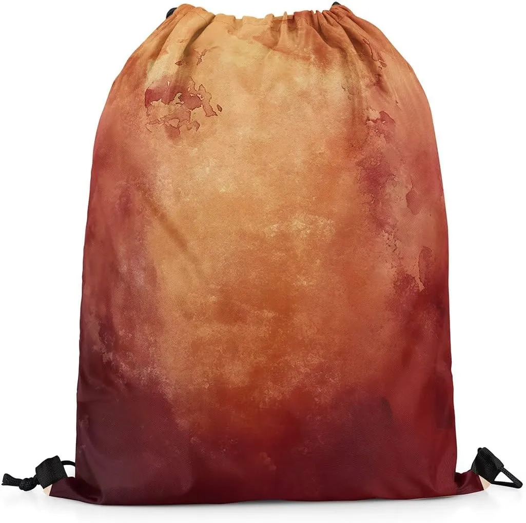 Burgundy And Gold Abstract Drawstring Backpack 13x15.7, Ombre Tie Dye Foldable String Bag, Gradient Smoky Sackpack For Swim Yoga, Watercolor Aesthetic Cinch Bags
