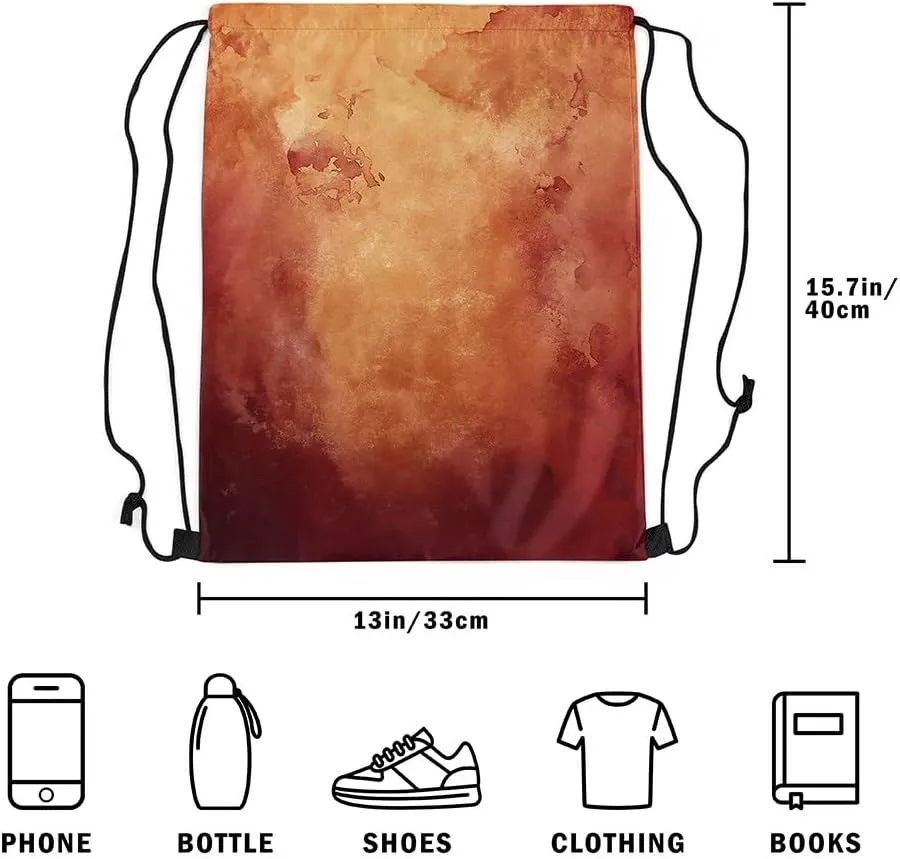 Burgundy And Gold Abstract Drawstring Backpack 13x15.7, Ombre Tie Dye Foldable String Bag, Gradient Smoky Sackpack For Swim Yoga, Watercolor Aesthetic Cinch Bags
