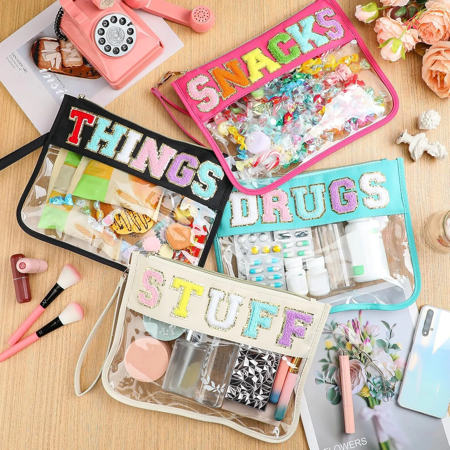 Buryeah 4 Pcs Chenille Letter Pouch Flat Nylon Clear Snack Bags Flat Multipurpose Zipper Makeup Bag for Travel Toiletry Bag Water-proof Cosmetic Pouch for Women(Cute Style)