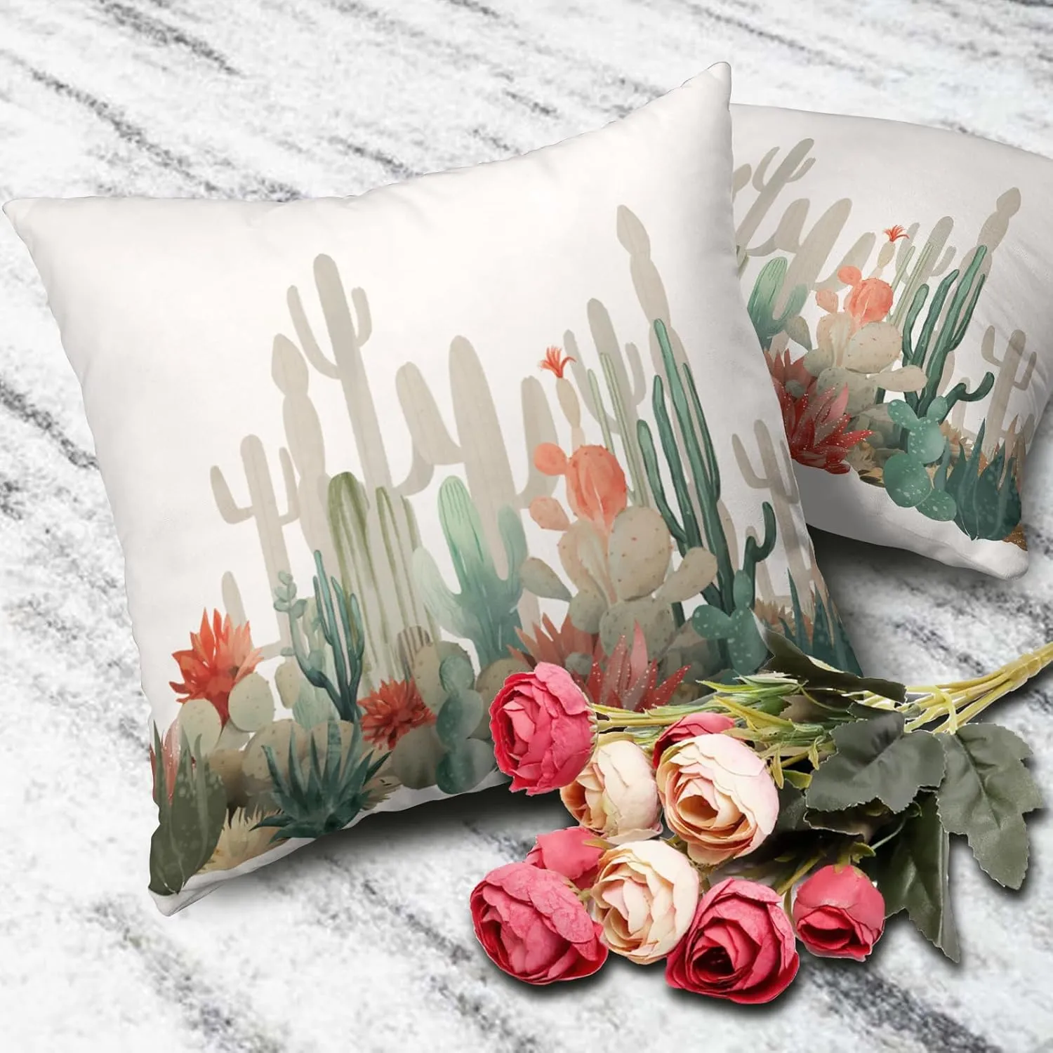Cactus Throw Pillow Covers Tropical Plants Cactus Decorative Pillow Cases 18x18 Set of 2 Desert Green Succulent Prickly Pear Pillowcase Summer Outdoor Cushion Cover for Home Couch Sofa