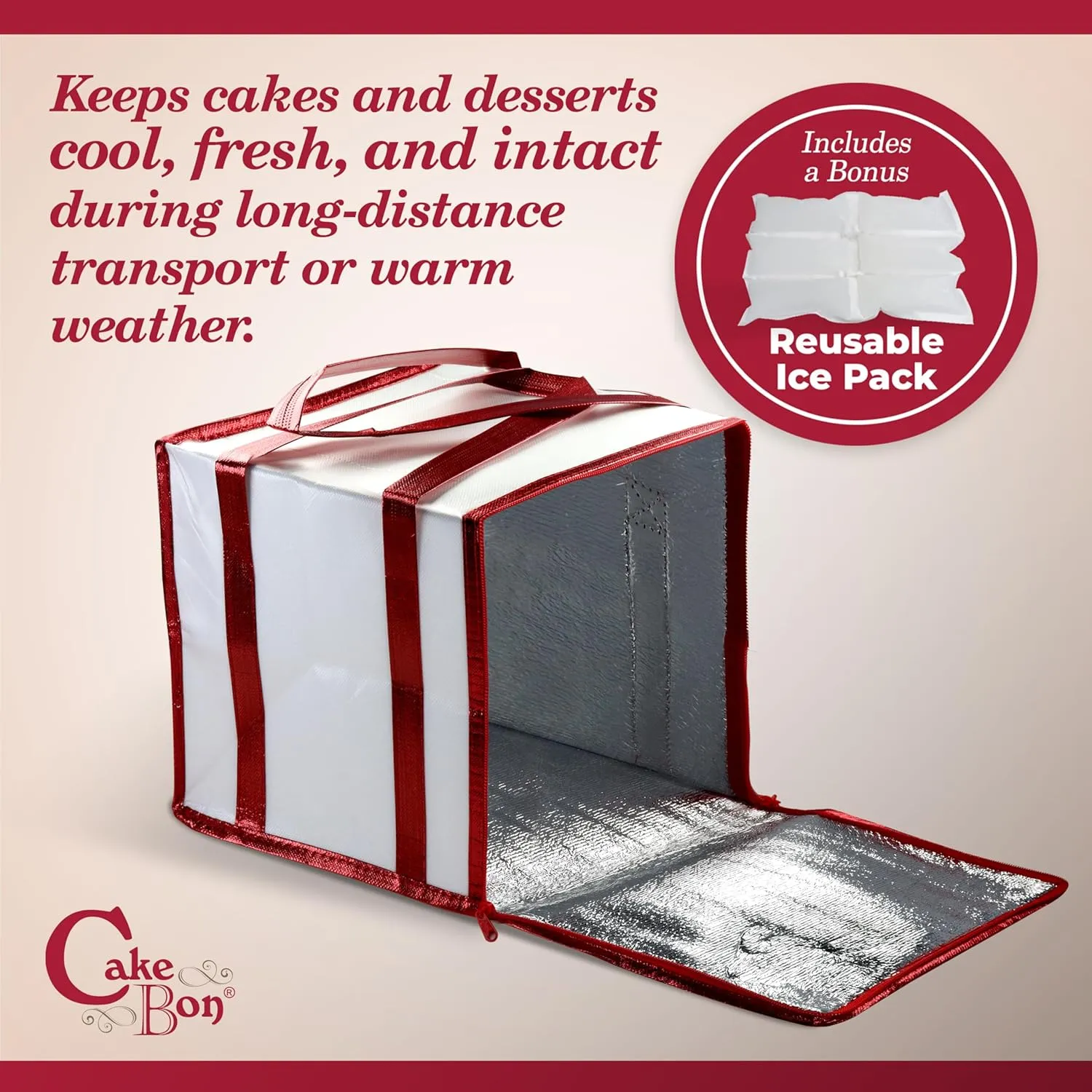 Cakebon 8-Inch Insulated Cake Bag with Ice Pack Sheets – Premium Cooling Solution for Cakes, Pastries & Cupcakes – Durable, Reusable, Moisture-Proof Design for Bakers & Food Deliveries (1-pack)