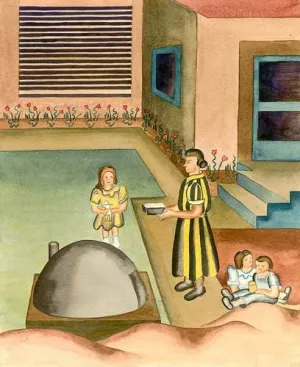 California Watercolor Fine Art Print, Playing in The Garden, c. 1930s Ruth Ortlieb, 17 x 14 inches
