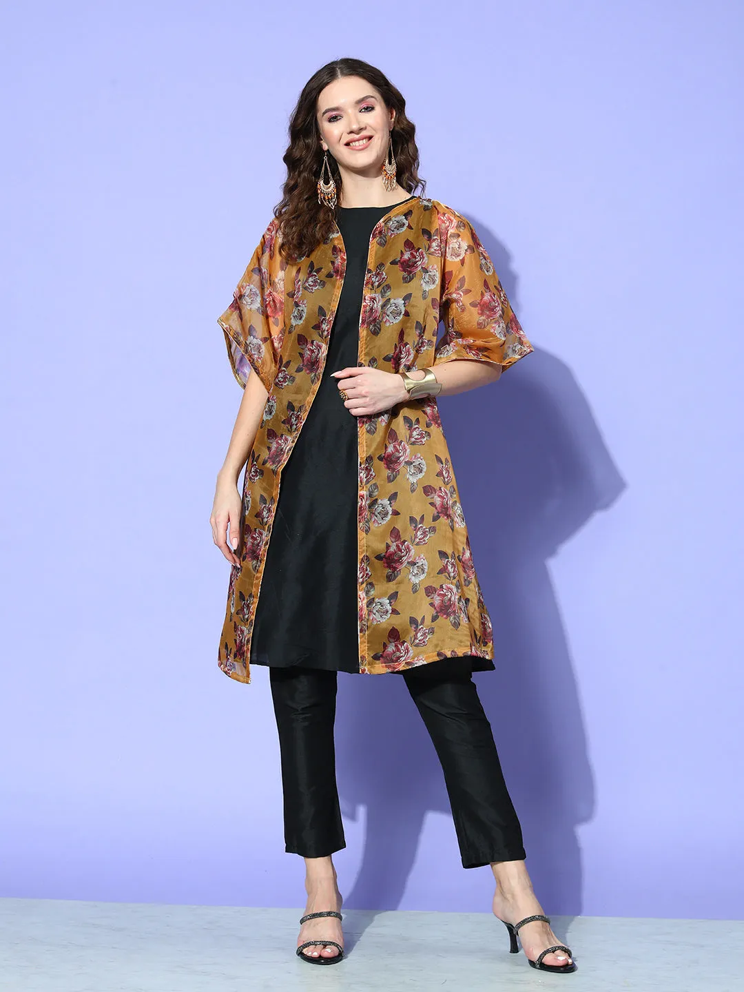 Camel Brown White Rose Chintz Organza Cape