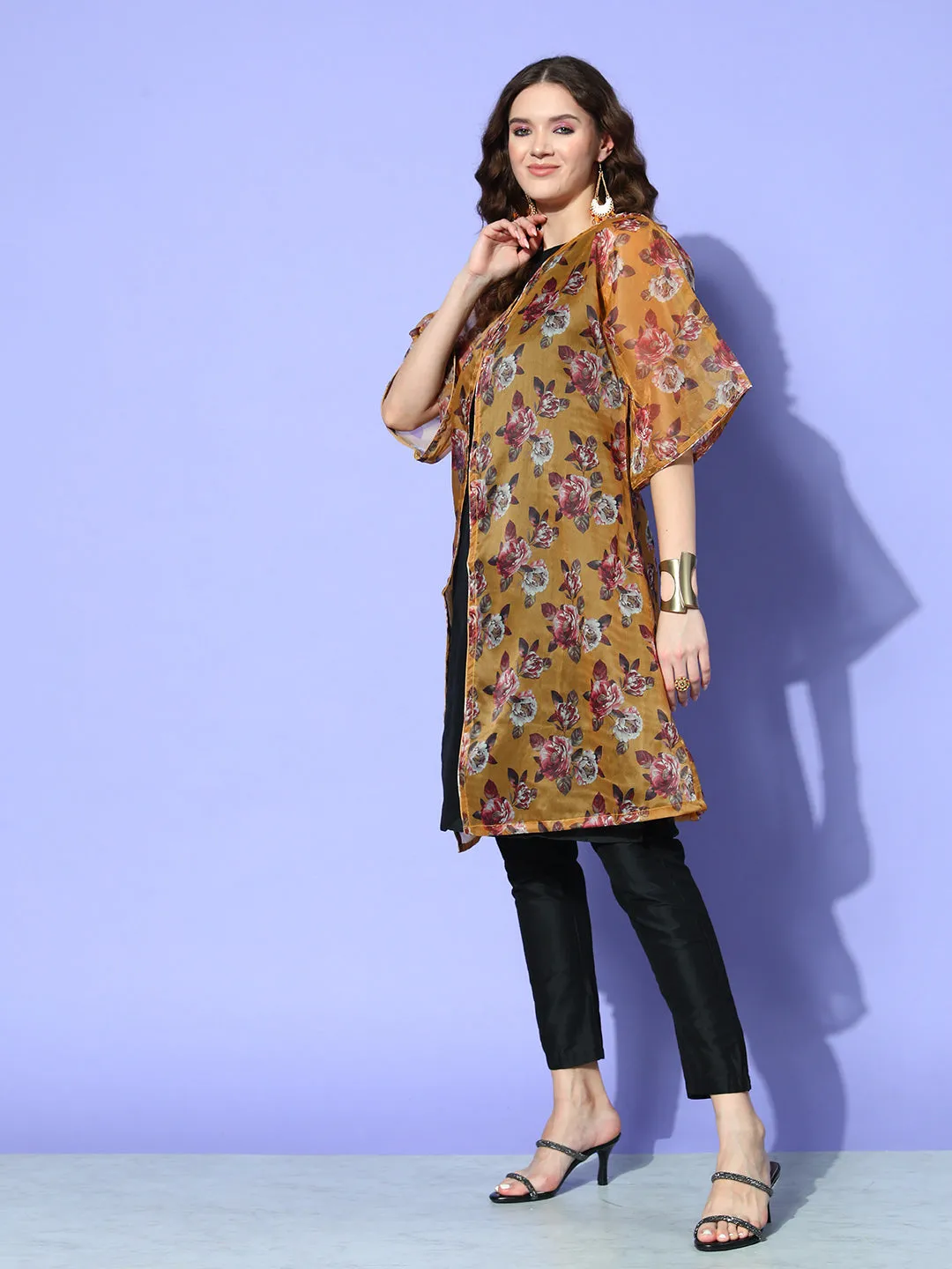 Camel Brown White Rose Chintz Organza Cape