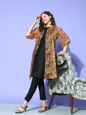 Camel Brown White Rose Chintz Organza Cape