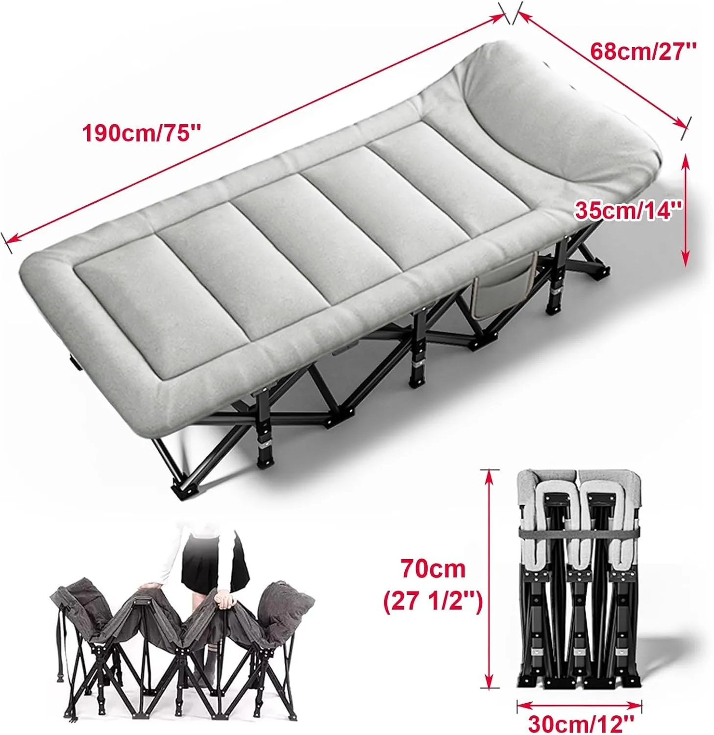 Camping Cot for Adults, Portable Folding Beds with Side Storage Pocket, Folding Camping Cot for Outdoors(Gray)