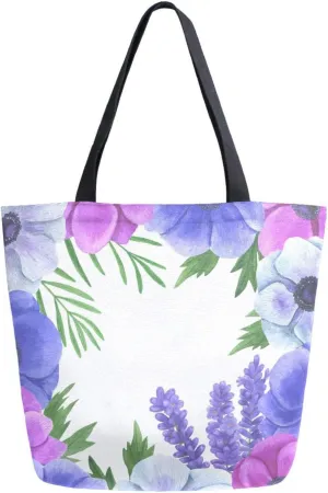 Canvas Tote Bag Anemone Frame Flowers Women Shoulder Bag Watercolor Summer Botanical Reusable Grocery Bags Large Handbag Travel Shopping Bag for School Nursing Gift Outdoors