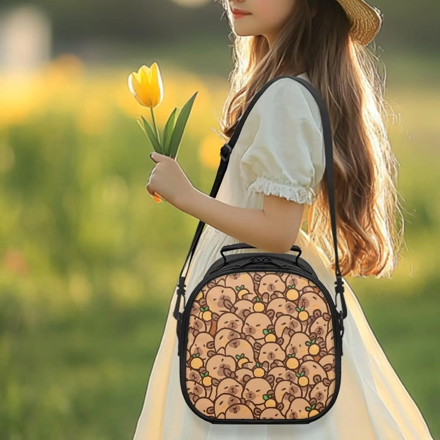 Capybara Lunch Box, Lunch Containers for Kids Girls with Detachable Handle and Adjustable Shoulder Strap Insulated Food Cooler Bags Insulated Food Storage Handbag for School