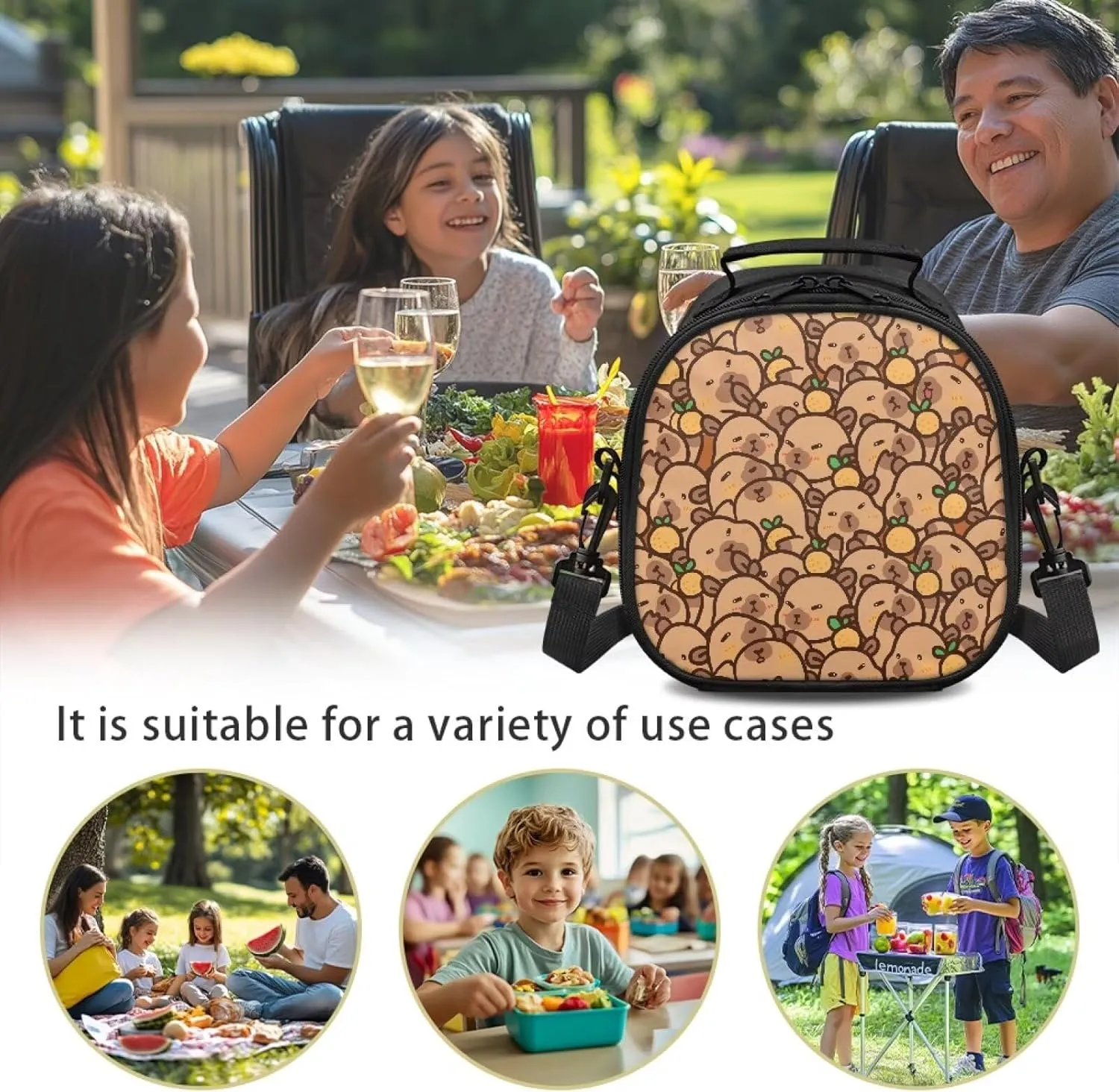 Capybara Lunch Box, Lunch Containers for Kids Girls with Detachable Handle and Adjustable Shoulder Strap Insulated Food Cooler Bags Insulated Food Storage Handbag for School