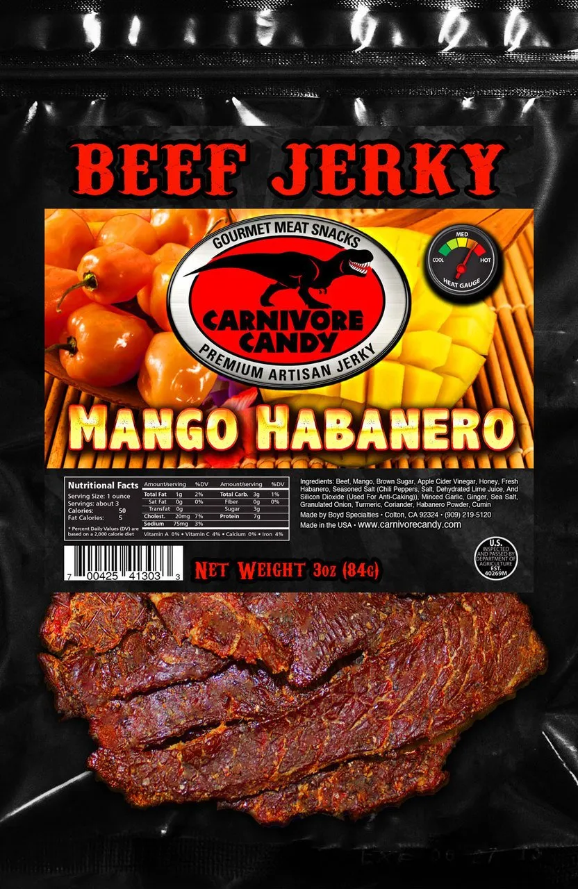Carnivore Candy Gourmet Beef Jerky Flavor Sampler - Mango Habanero, Sweet & Spicy & Smoky Sriracha (3 x 3 oz bags) (Pack of 3, Mix Pack)