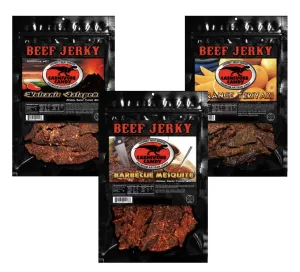 Carnivore Candy Gourmet Beef Jerky - Trio Flavor Sampler - Barbecue Mesquite - Orange Teriyaki - Volcanic Jalapeño - (3) 3OZ Bags