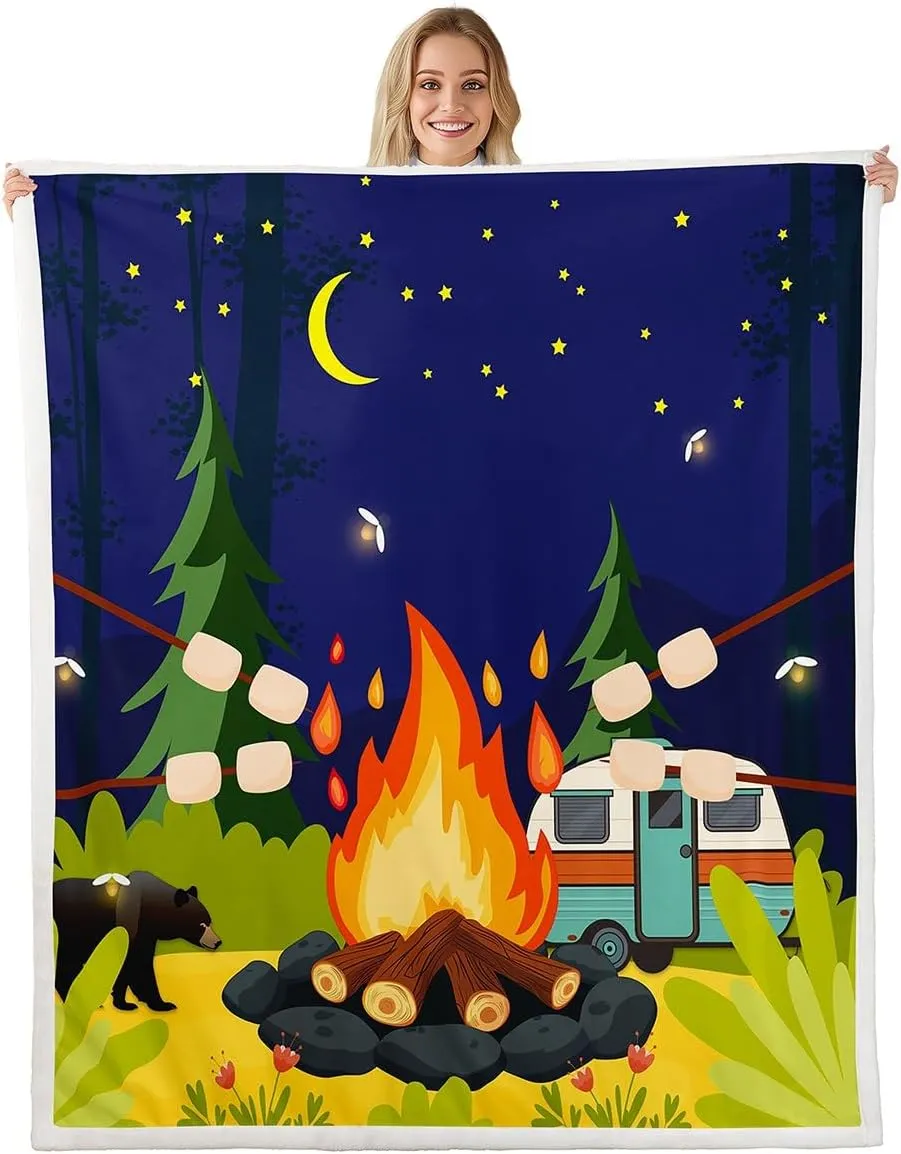 Cartoon Camper Campfire Throw Blanket,Cute Camping RV Blankets,Kids Girls Adult Watercolor Starry Sky Moon Night Fleece Blanket Nature Jungle Scenery Sherpa Blanket,for Chair/Sofa,60"×80"