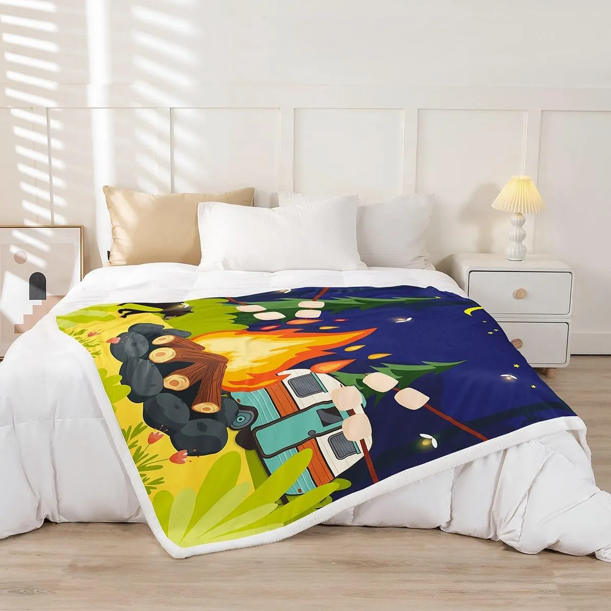 Cartoon Camper Campfire Throw Blanket,Cute Camping RV Blankets,Kids Girls Adult Watercolor Starry Sky Moon Night Fleece Blanket Nature Jungle Scenery Sherpa Blanket,for Chair/Sofa,60"×80"