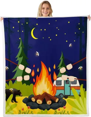 Cartoon Camper Campfire Throw Blanket,Cute Camping RV Blankets,Kids Girls Adult Watercolor Starry Sky Moon Night Fleece Blanket Nature Jungle Scenery Sherpa Blanket,for Chair/Sofa,60"×80"