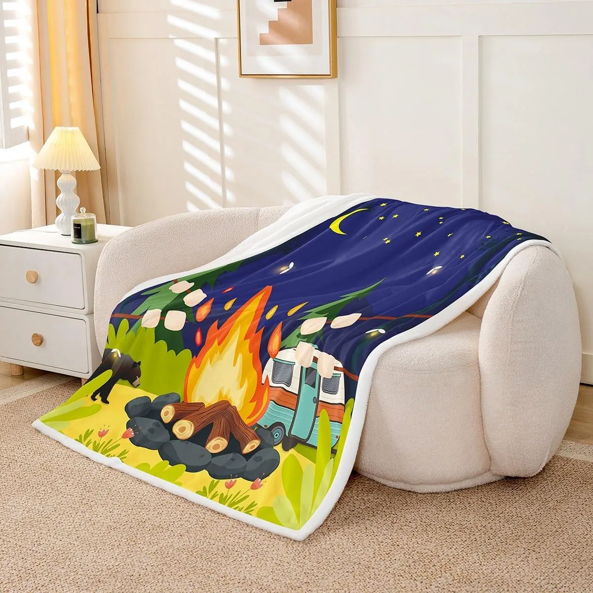 Cartoon Camper Campfire Throw Blanket,Cute Camping RV Blankets,Kids Girls Adult Watercolor Starry Sky Moon Night Fleece Blanket Nature Jungle Scenery Sherpa Blanket,for Chair/Sofa,60"×80"