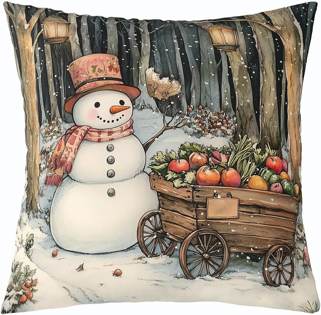 Cartoon Snowman Pillow Cover 20x20 Inch Watercolor Farm Vegetables Rustic Style Cushion Case for Kids Teens Adults Winter Jungle Trees Christmas Cushion Cover for Living Room Couch