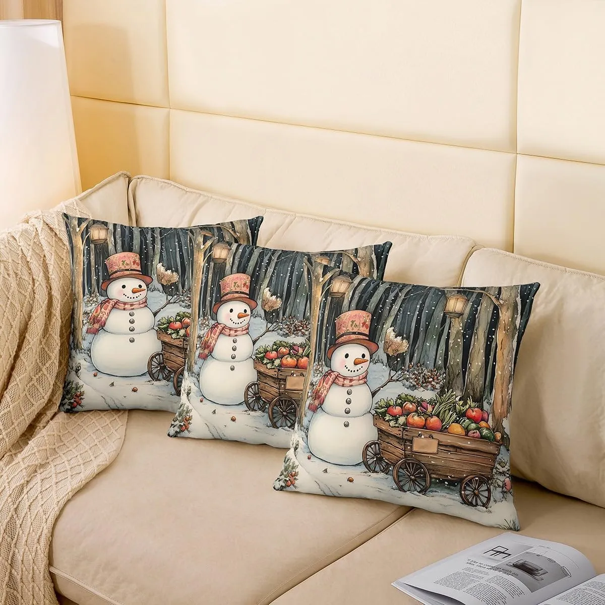 Cartoon Snowman Pillow Cover 20x20 Inch Watercolor Farm Vegetables Rustic Style Cushion Case for Kids Teens Adults Winter Jungle Trees Christmas Cushion Cover for Living Room Couch
