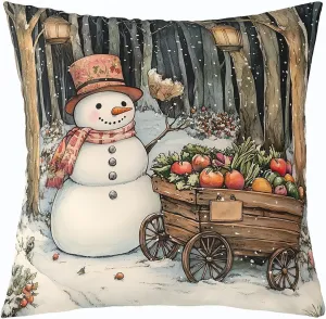 Cartoon Snowman Pillow Cover 20x20 Inch Watercolor Farm Vegetables Rustic Style Cushion Case for Kids Teens Adults Winter Jungle Trees Christmas Cushion Cover for Living Room Couch