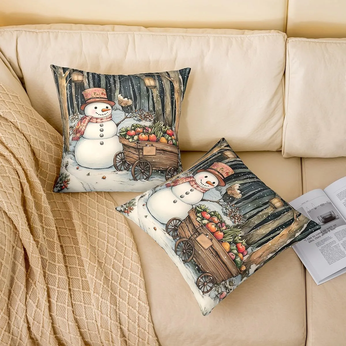 Cartoon Snowman Pillow Cover 20x20 Inch Watercolor Farm Vegetables Rustic Style Cushion Case for Kids Teens Adults Winter Jungle Trees Christmas Cushion Cover for Living Room Couch