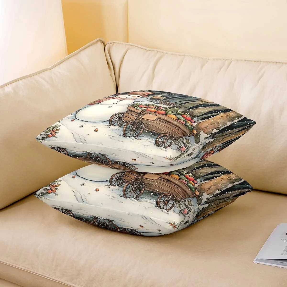 Cartoon Snowman Pillow Cover 20x20 Inch Watercolor Farm Vegetables Rustic Style Cushion Case for Kids Teens Adults Winter Jungle Trees Christmas Cushion Cover for Living Room Couch
