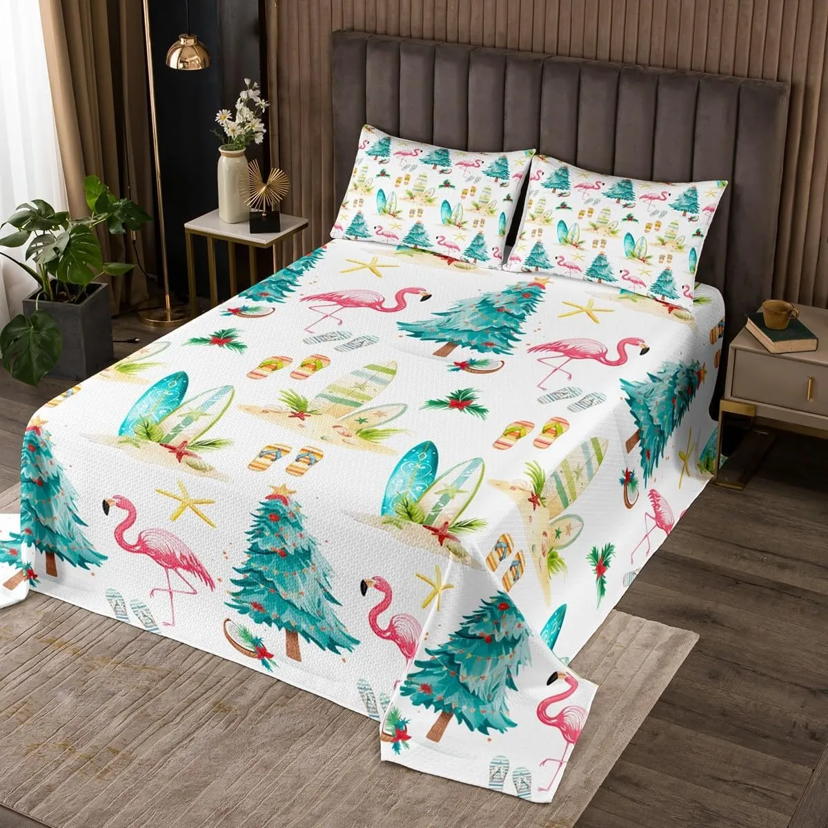 Castle Fairy Christmas Beach Bedspread Quilt,Watercolor Summer Christmas Trees Flamingo Bedding Coverlet for Bedroom,Seaside Surfboard Slippers Summer Theme Queen Size Coverlet Set with 2 Pillowcases