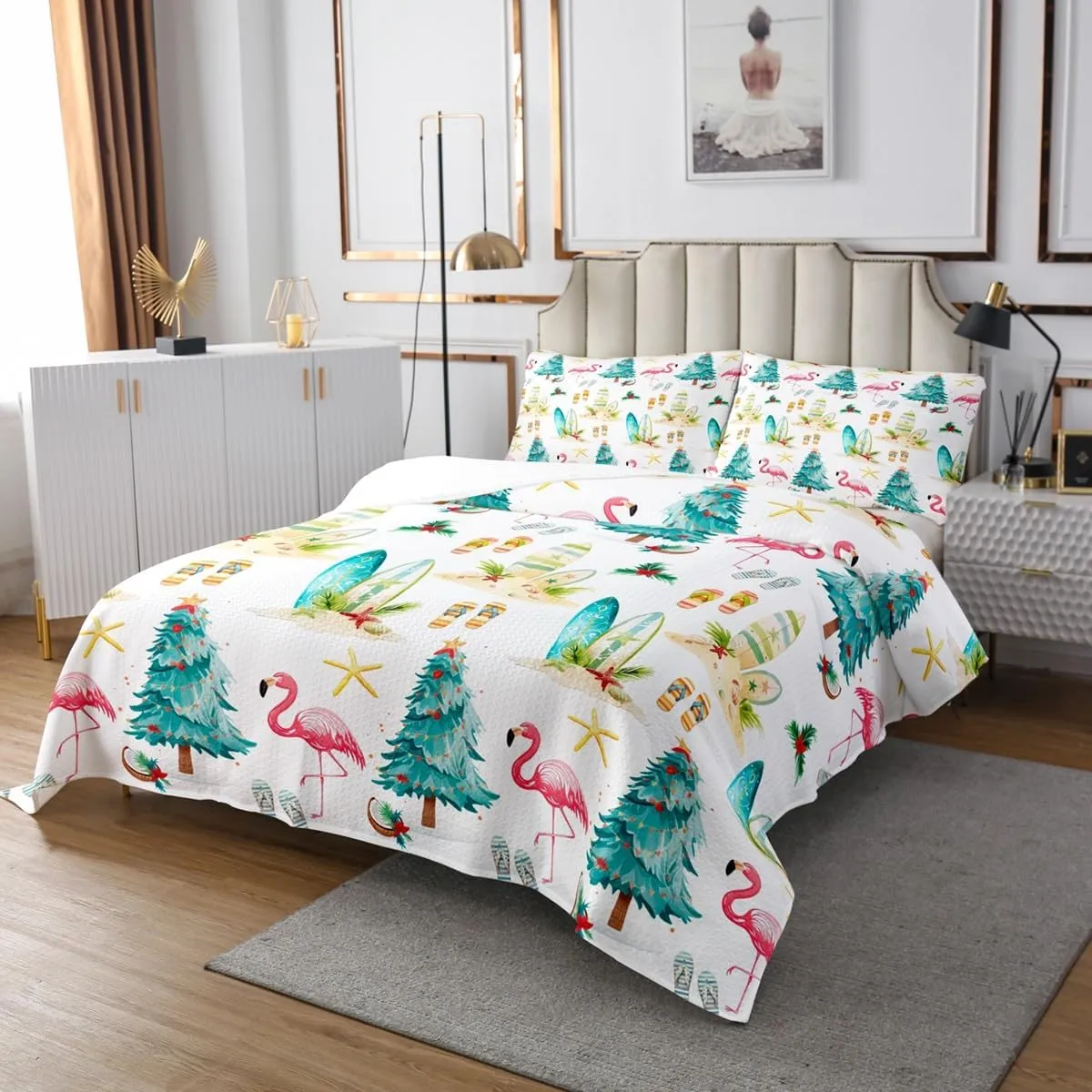 Castle Fairy Christmas Beach Bedspread Quilt,Watercolor Summer Christmas Trees Flamingo Bedding Coverlet for Bedroom,Seaside Surfboard Slippers Summer Theme Queen Size Coverlet Set with 2 Pillowcases