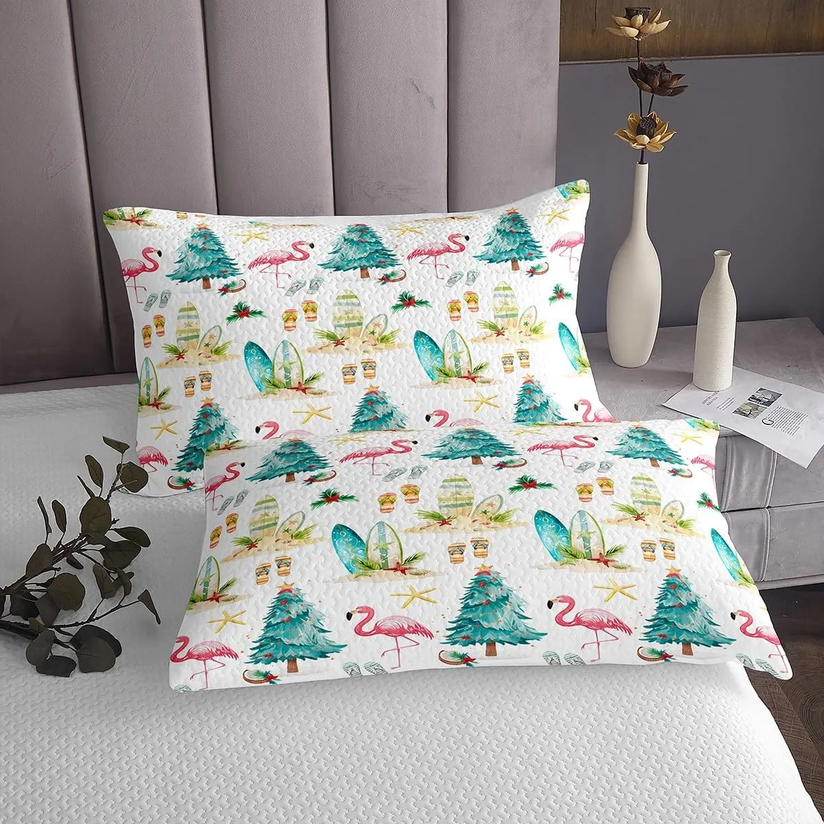 Castle Fairy Christmas Beach Bedspread Quilt,Watercolor Summer Christmas Trees Flamingo Bedding Coverlet for Bedroom,Seaside Surfboard Slippers Summer Theme Queen Size Coverlet Set with 2 Pillowcases