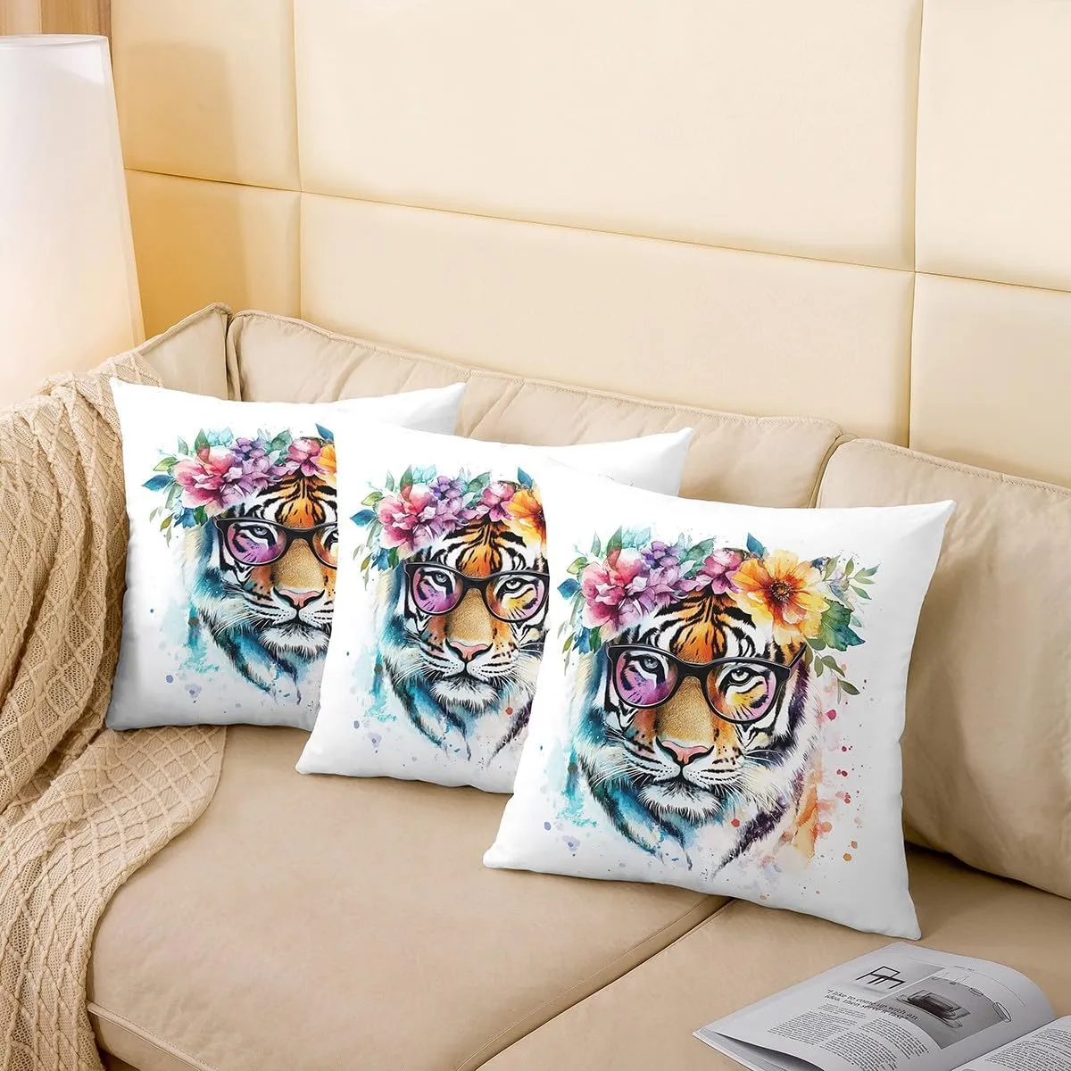 Castle Fairy Wild Tiger Throw Pillow Covers,Jungle Wildlife Animals Cushion Covers 16"x16" for Boys Teens,Watercolor Tie Dyed Animals Pillowcases for Car RV,Rustic Flowers Pillow Covers,Set of 2