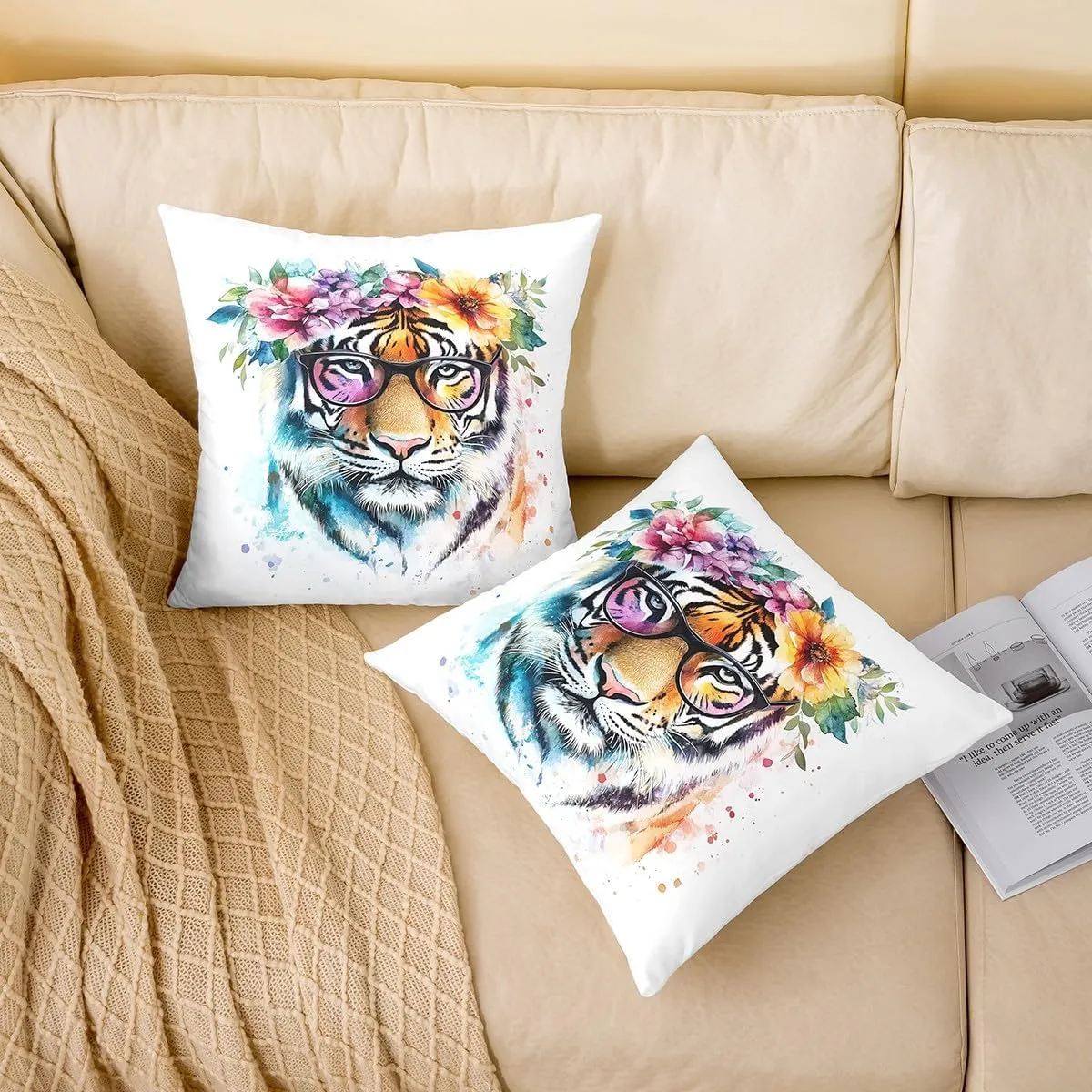 Castle Fairy Wild Tiger Throw Pillow Covers,Jungle Wildlife Animals Cushion Covers 16"x16" for Boys Teens,Watercolor Tie Dyed Animals Pillowcases for Car RV,Rustic Flowers Pillow Covers,Set of 2