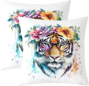 Castle Fairy Wild Tiger Throw Pillow Covers,Jungle Wildlife Animals Cushion Covers 16"x16" for Boys Teens,Watercolor Tie Dyed Animals Pillowcases for Car RV,Rustic Flowers Pillow Covers,Set of 2